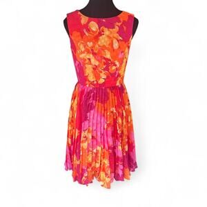 Adrianna Papell orange & pink floral pleated dress